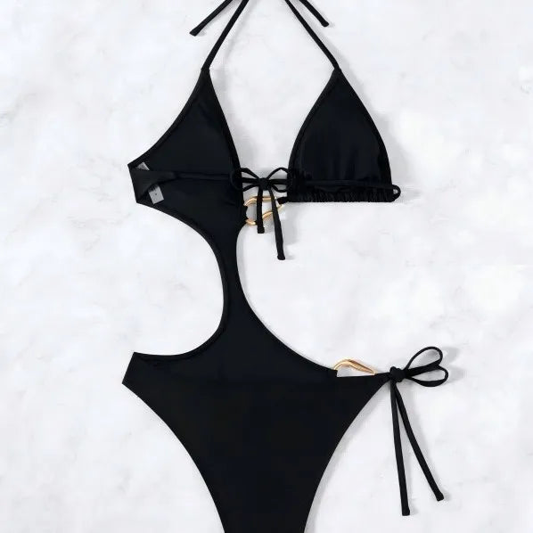 DEKA Women'S Solid Color Slim Fit Hollow Metal Swimsuit Sexy Backless Tank Bodysuit Bikini Set Hot Sexy Comfort Female Bandeau
