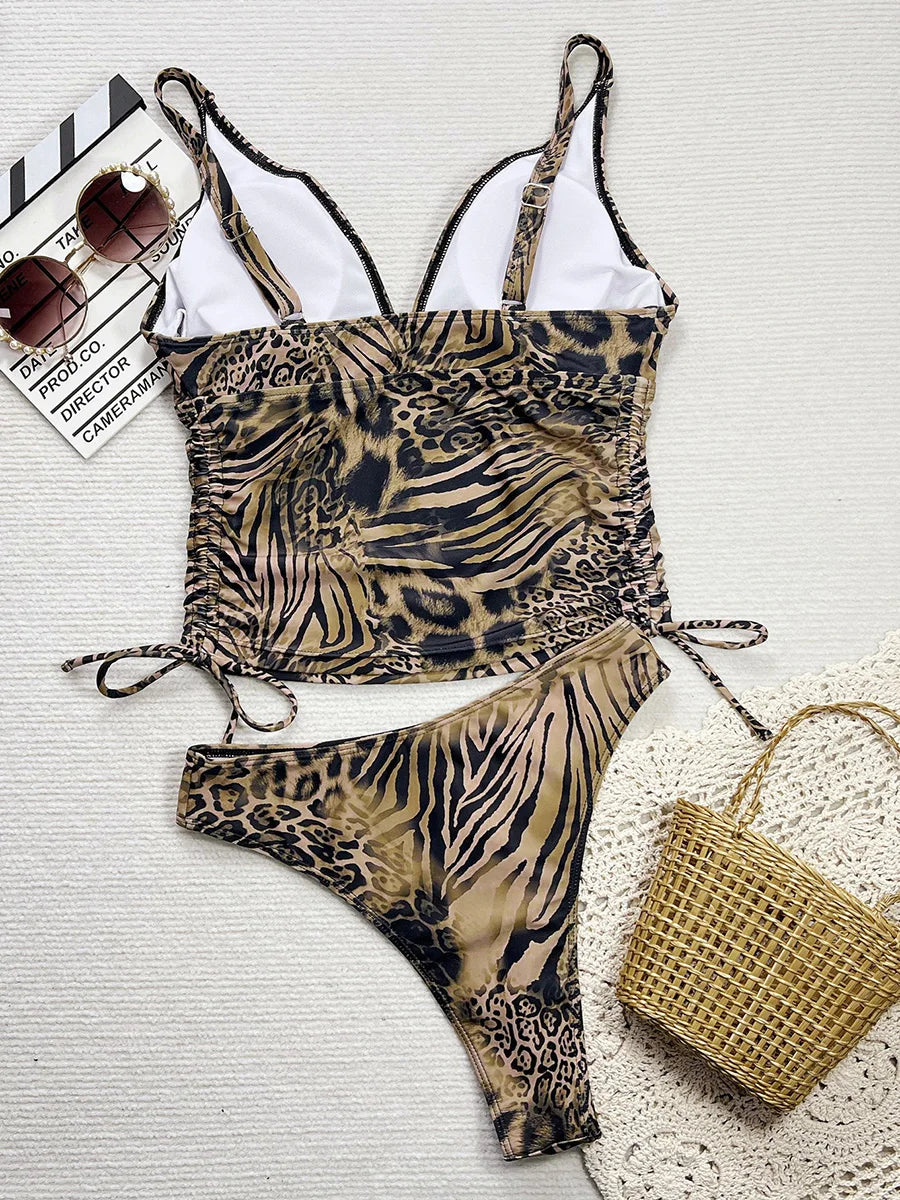 New Leopard Tankini V Neck Bikini Female Swimsuit Women Swimwear Two-pieces Bikini set Brazilian Bather Bathing Suit Swim Lady