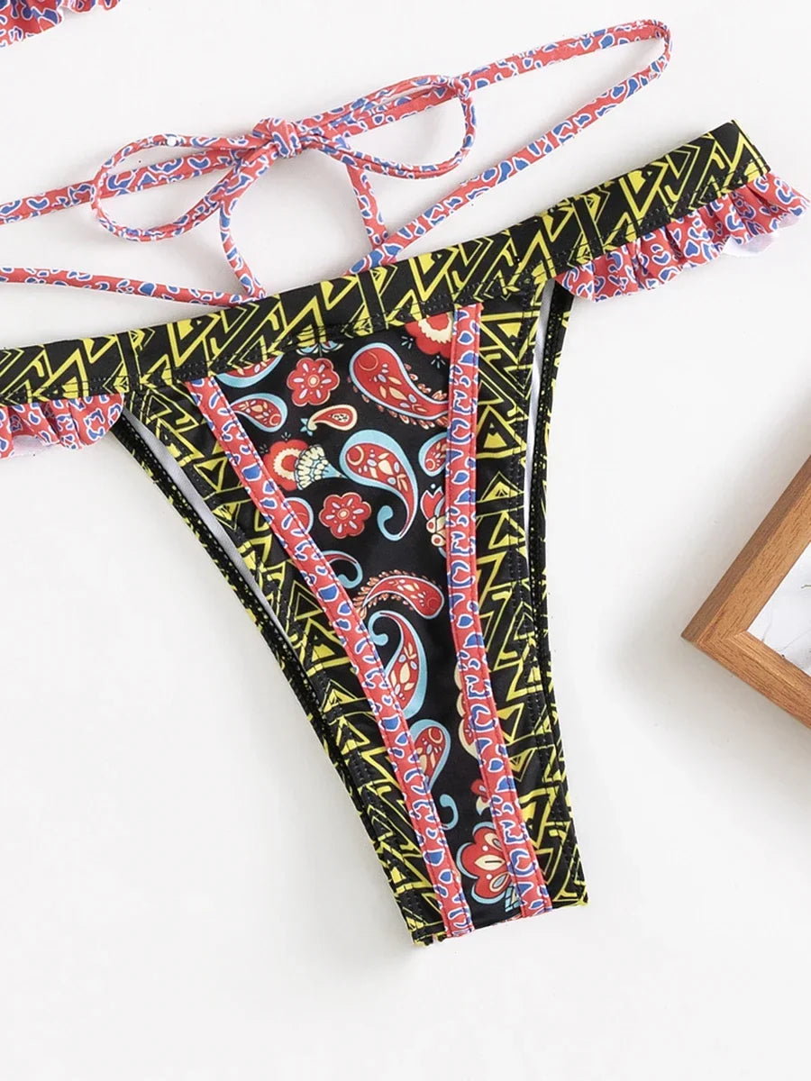 Floral Printed Halter Ruffled Frilled Bikini Women Swimwear Female Swimsuit Two-pieces Bikini set Thong Bathing Suit Swim Lady