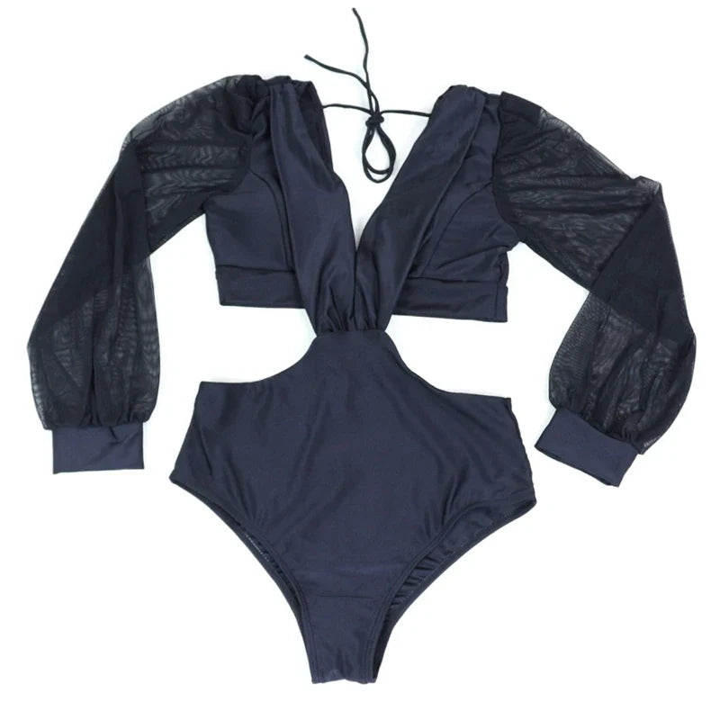 TW Sexy High Waist One Piece Swimsuit Women V Neck 2024 Long Sleeve Bathing Suit Brazilian Swimwear Monokini Summer Beachwear