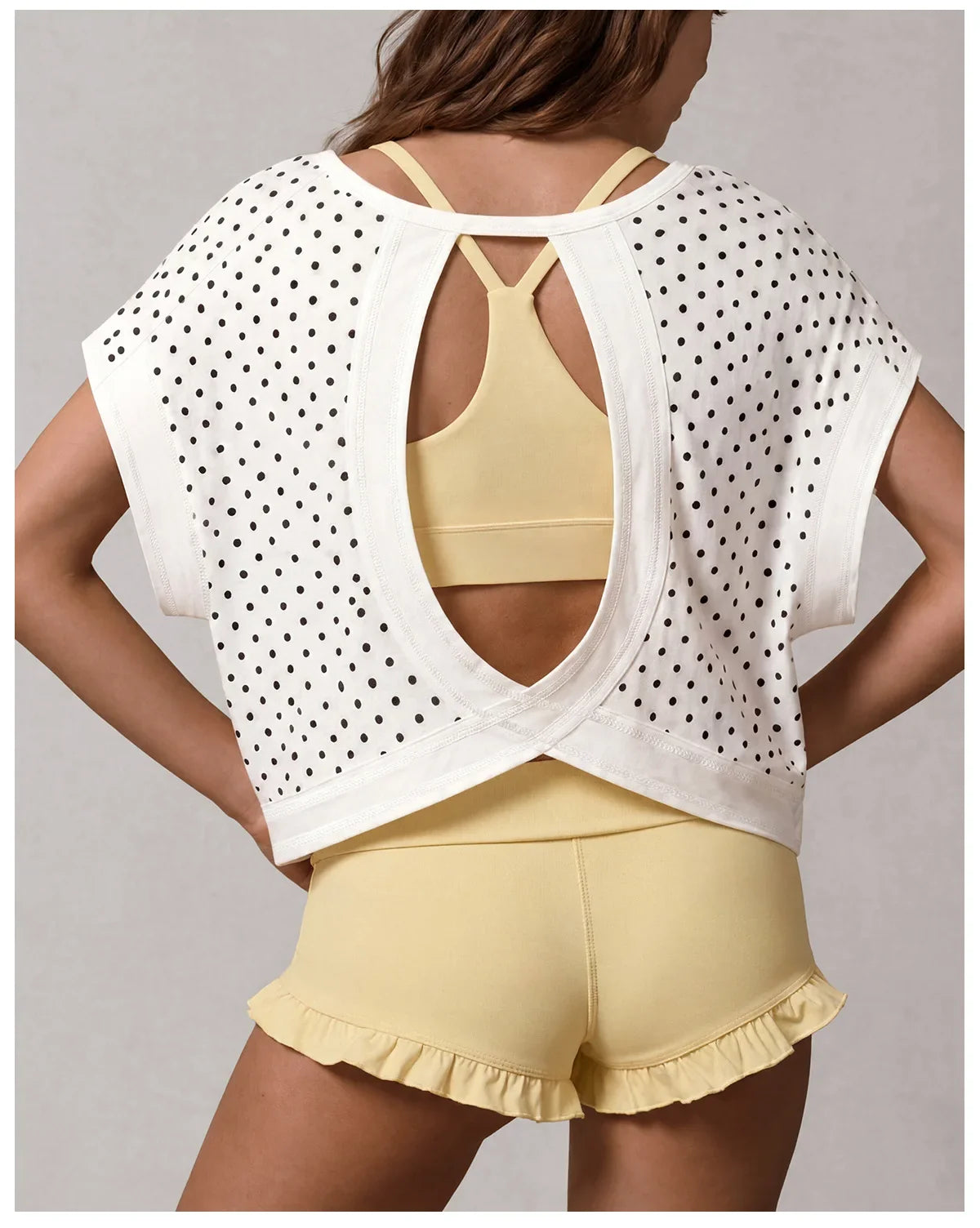 Summer Back Hollow Out Yoga T Shirts Women Polka Dot Print Short Sleeve Loose Sports Cover Up Breathable Training Fitness Tops