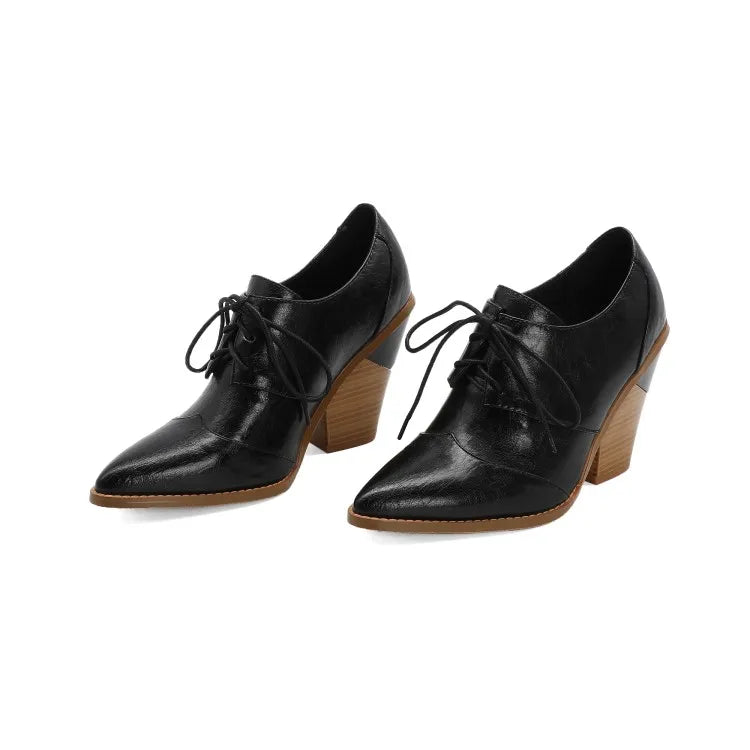 Snake Print Pumps Women Lace Up Brogue Shoes Pointed Toe Wedge Heels Deep Mouth Plus Size 40 41 42