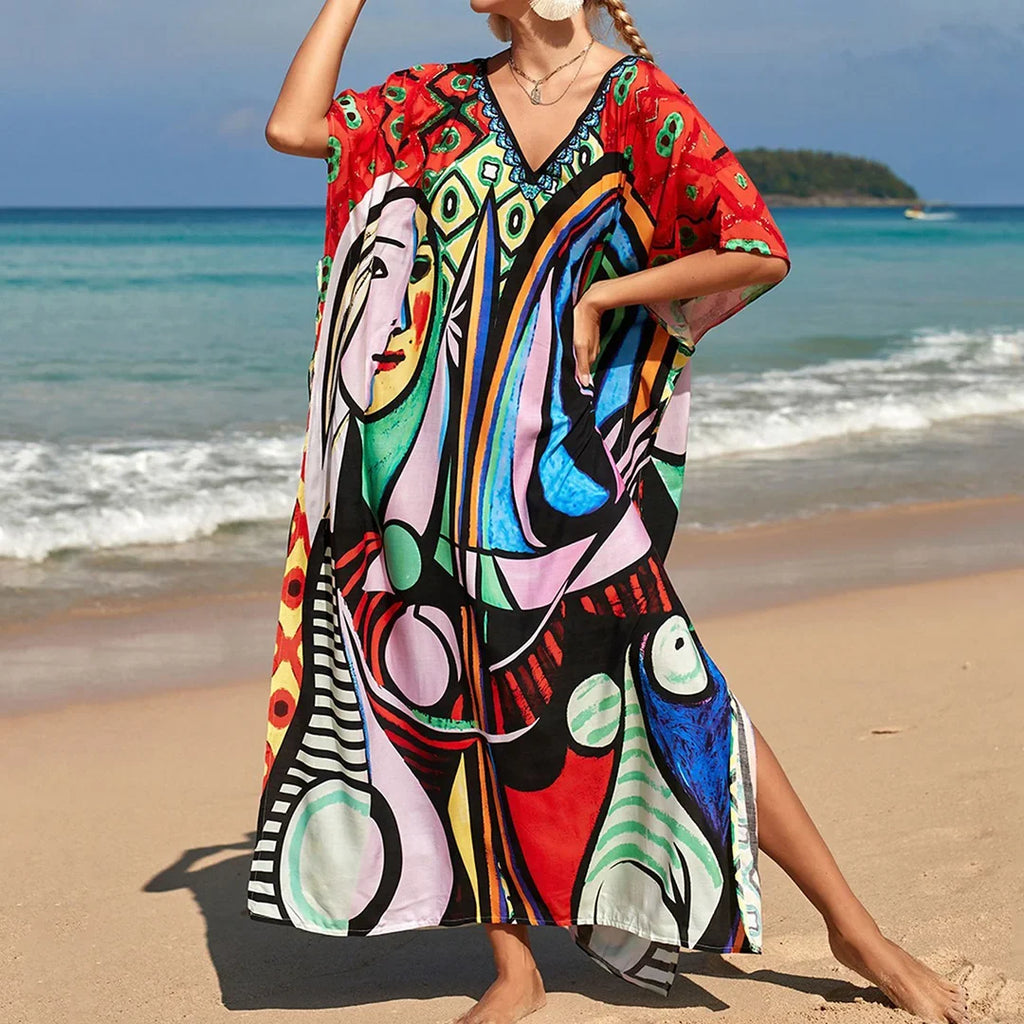 2026 New Colorful Kaftan Tunic Beach Dress Beach Wear Beachwear Beach Cover Up Cover-upsLoose Maxi Dress Female Women V4428