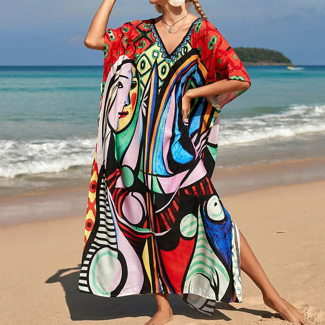 2026 New Colorful Kaftan Tunic Beach Dress Beach Wear Beachwear Beach Cover Up Cover-upsLoose Maxi Dress Female Women V4428