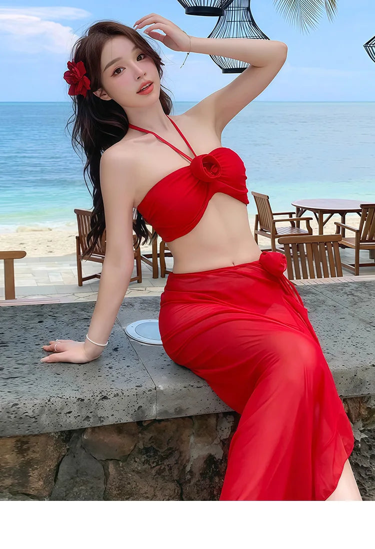 2025 Korean Swimsuit Women Sexy Bikini Red Split Long Skirt Swimsuit Women Halter 3D Flower Push Up Holiday 3 Piece Swimwear