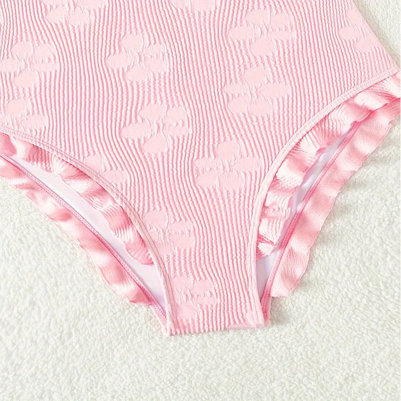 Light Pink One Piece Swimsuit for Women High Waist Hollow Out Ruffle Suspender Backless Monokini Bikini Beach Swimwear 2024 New