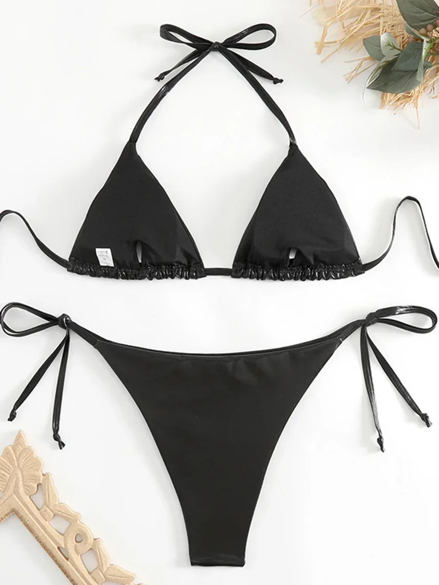 Sexy Shiny Pu Faux Leather Bikini 2025 Women Swimwear Female Swimsuit Two-pieces Bikini set String Bather Bathing Suit Swim Lady