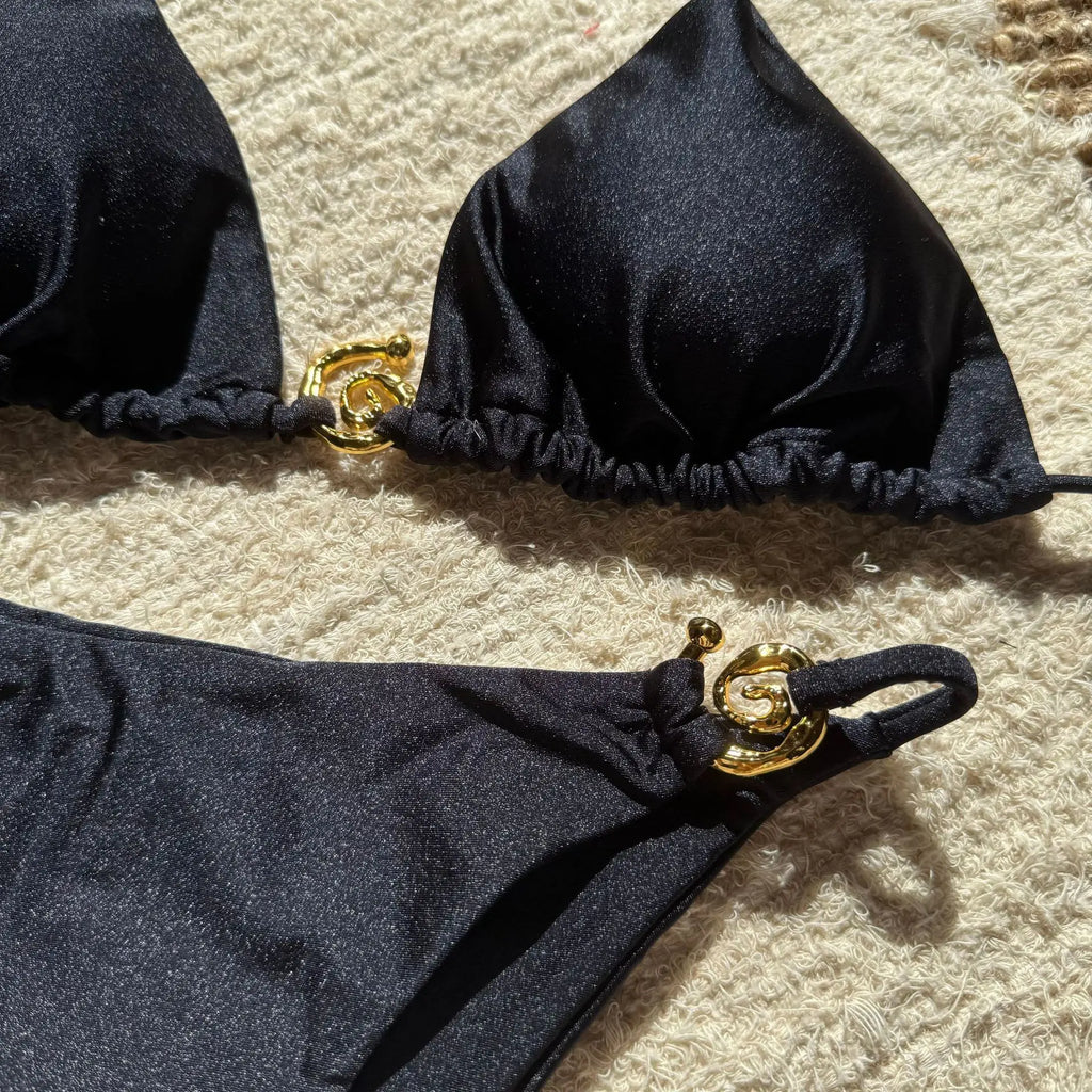 sexy glitter metal halter tie bikinis sets two pieces thong swimsuit bathing suit swimwear biquini bakini tankini trikini