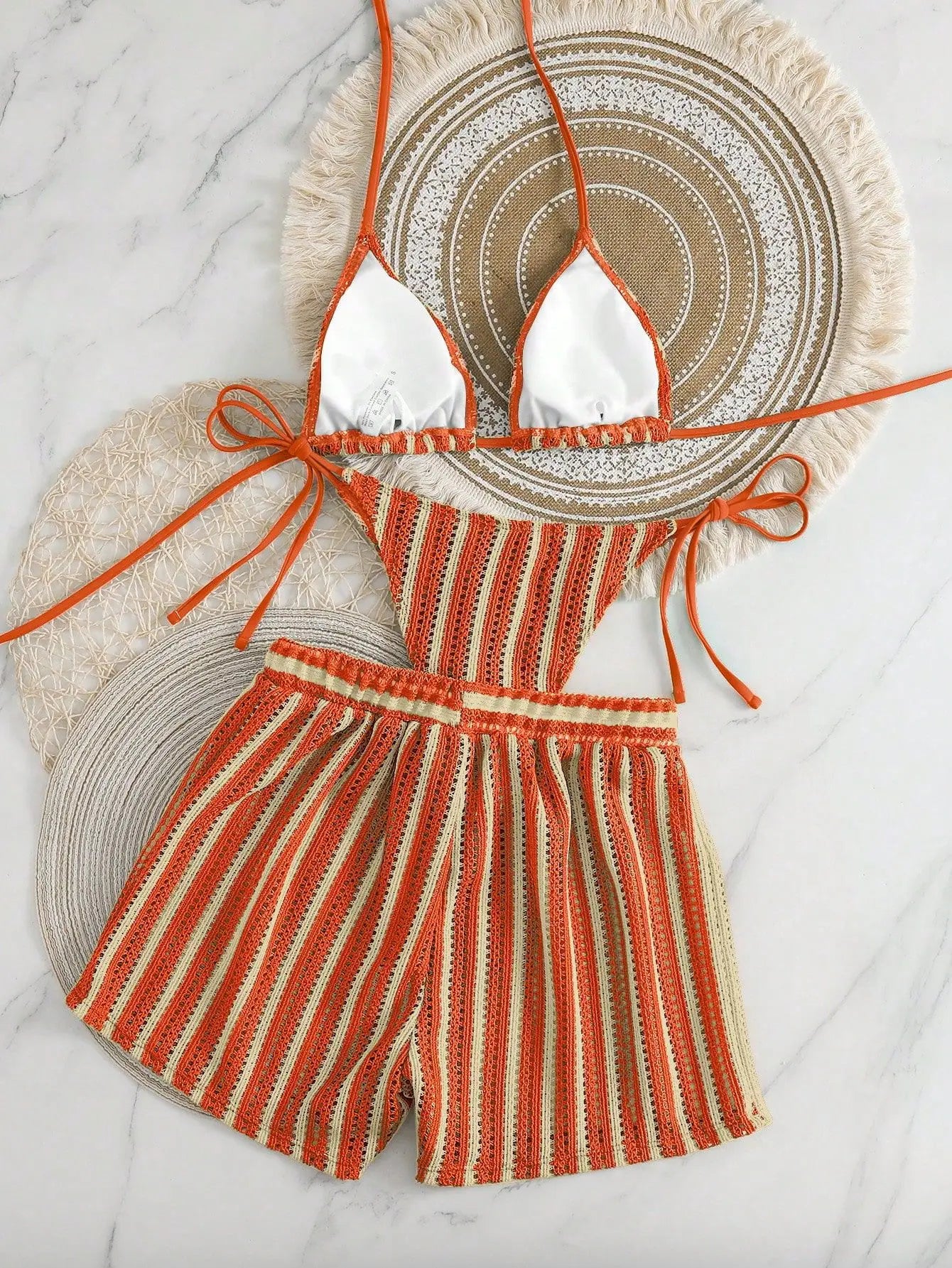 3PCS With Shorts Stripe Halter Fishnet Bikini Women Swimwear Female Swimsuit Three-pieces Bikini Set Bathing Suit Swim Beachwear