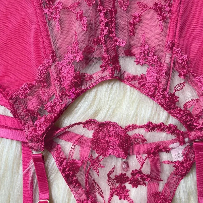 Toucheart Sexy Lingerie Embroidery Printing Bra Garters Set For Women Mesh See- Through Hollow Out Exotic Sexy Underwear Suit
