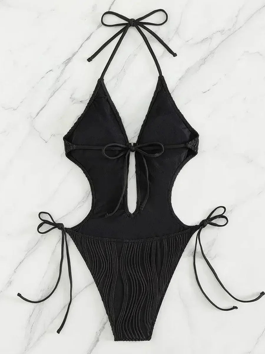 S - XXL Halter V Neck Wrinkled Female Swimwear One Piece Swimsuit Women Backless Monokini High Cut Bathing Suit Swim Beach Wear