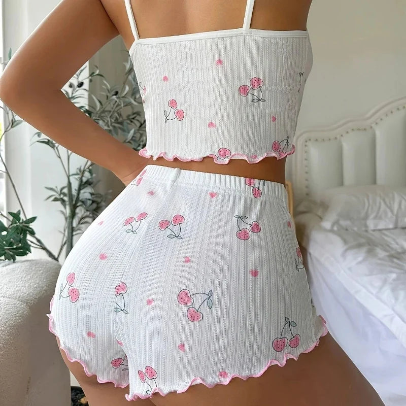 Women's Heart Print Sexy Ribbed Bow Decor Pajama Set, Round Neck Backless Comfortable Crop Cami Top & Shorts, Summer Nightwear