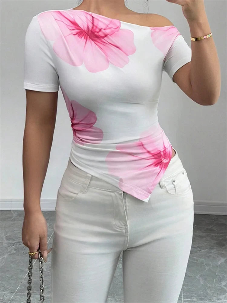 Women's Summer T-Shirts Flower Print Short Sleeve Slash Neck Off One Shoulder Trendy Tees Tops