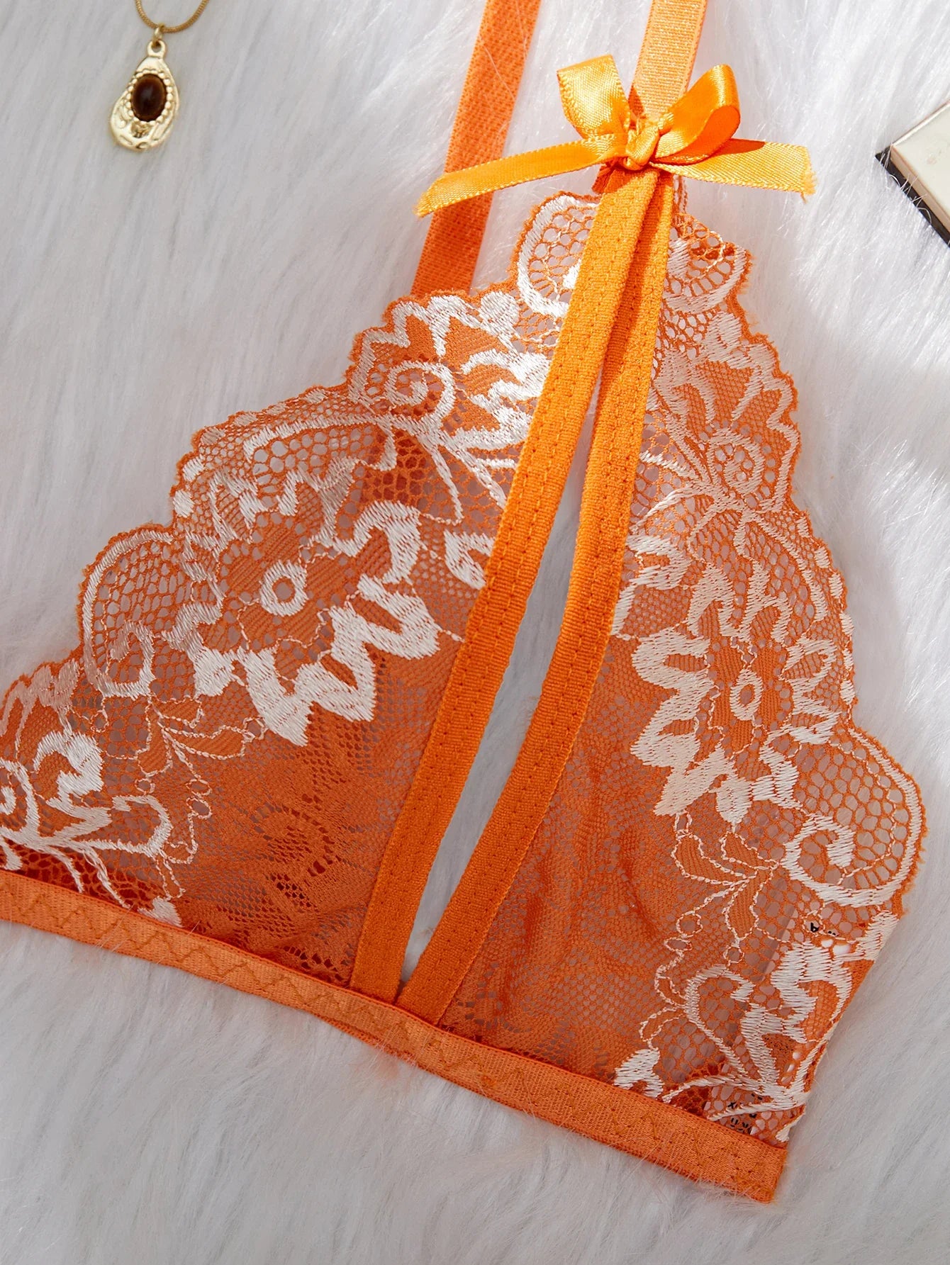 Orange Lace Contrast Sexy Lingerie For Women Open Chest Bra Thongs Sets Summer Female Underwear Cute Erotic Adult Matching Suit