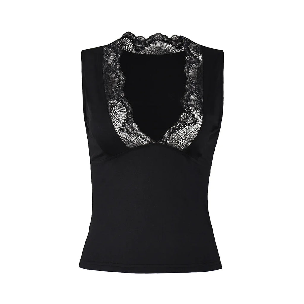 2026 Spring Summer New Arrival Elegant Sleeveless Women's Short Top Chic Fitted Lace-Panel Deep V-Neck Crop Tank Top Commute