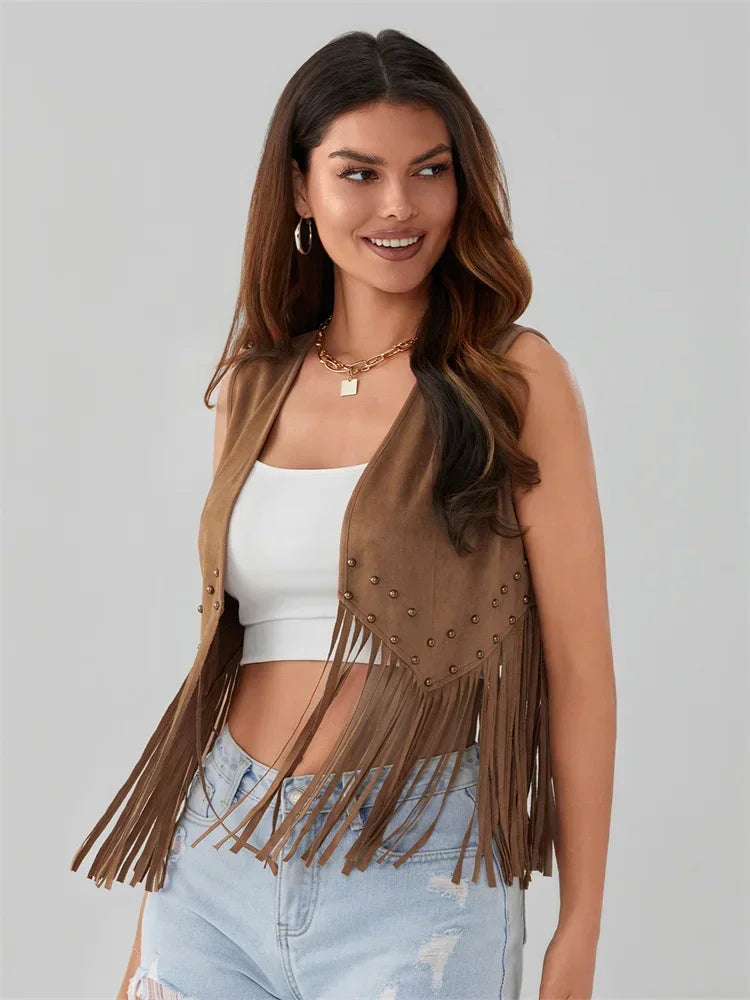 Women Riveted Tassel Vest Coat Sleeveless Cardigan Tops Coat Summer Casual Waistcoat Gilet