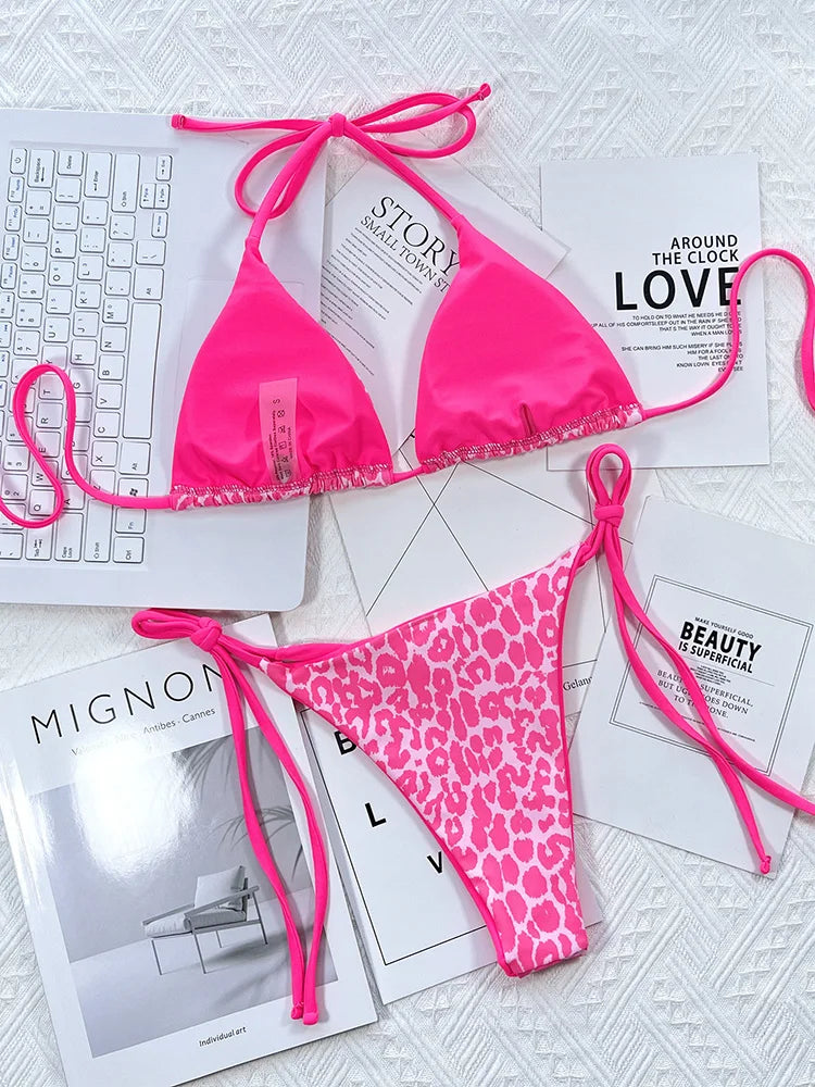 Zebra Print Halter micro Bikini 2025 women Bandeau String Swimsuit Female swimwear Neon Shiny bikini set Leopard Bathing Suit
