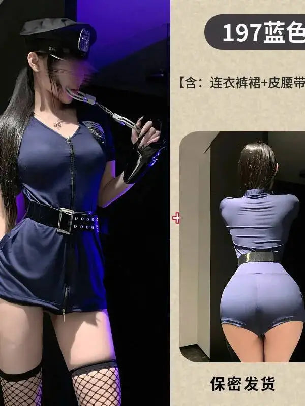 Sexy Cosplay Policewoman Midnight Uniform SM Zipper Bodysuits Solid Color Deep V Short Sleeved Wrap Hip Bodysuits Charming K0JQ