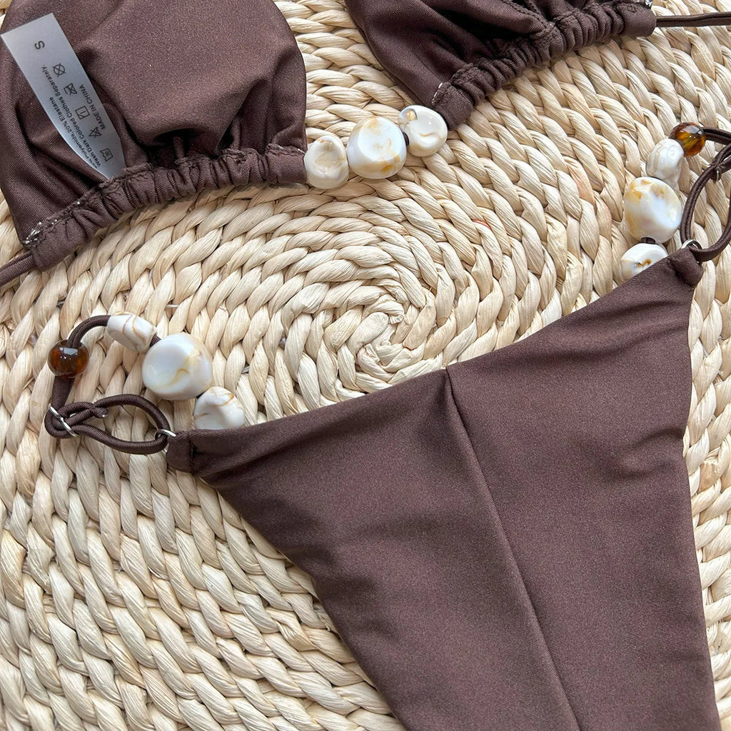 Shiny Halter High Cut Beads Bikini Women Swimwear Female Swimsuit Two-pieces Bikini Set Bather Bathing Suit Swim Lady Beach Wear