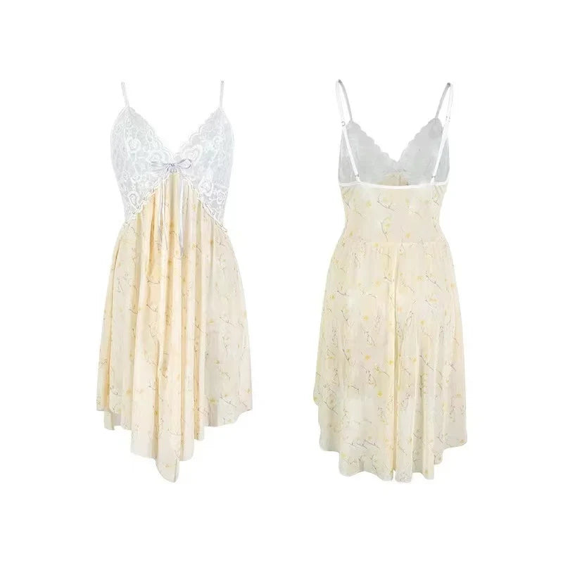 Sexy Blue Floral Printed Women Pajama Lace Backless Camisole Nightdress Home Pajamas for Summer Dress