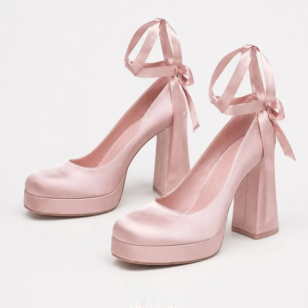 Size 42 Elegant Pink Satin Platform Block Heel Pumps Black Ribbon Wrap Ballerina Bow Wedding Party Dress Heels Shoes Women