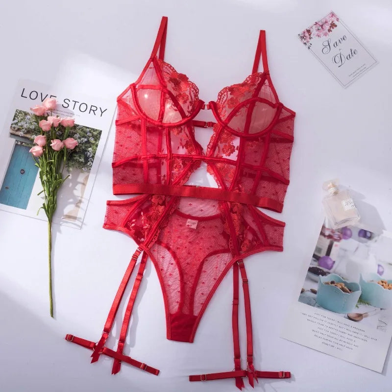 Toucheart Lace Sexy Skinny Babydoll Bodysuit Embroidery Erotic Private Adult Suit Solid Color Patchwork High Waisted Sexy Set