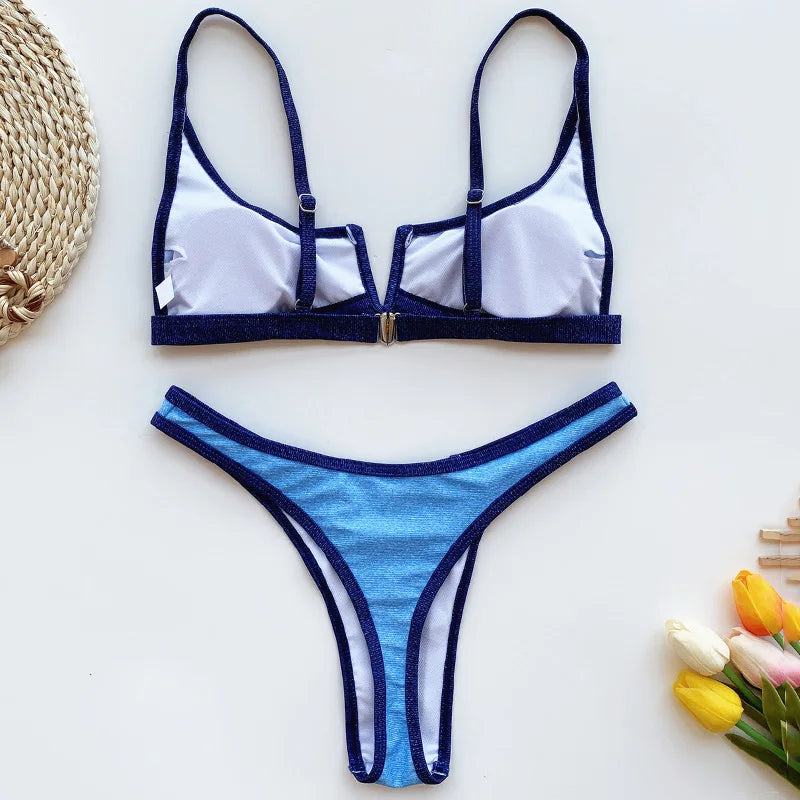 S - XL Splicing V Shaped Thong Bikini Women Swimsuit Female Swimwear Two Pieces Bikini Set Bather Push Up Bathing Suit Swim Lady