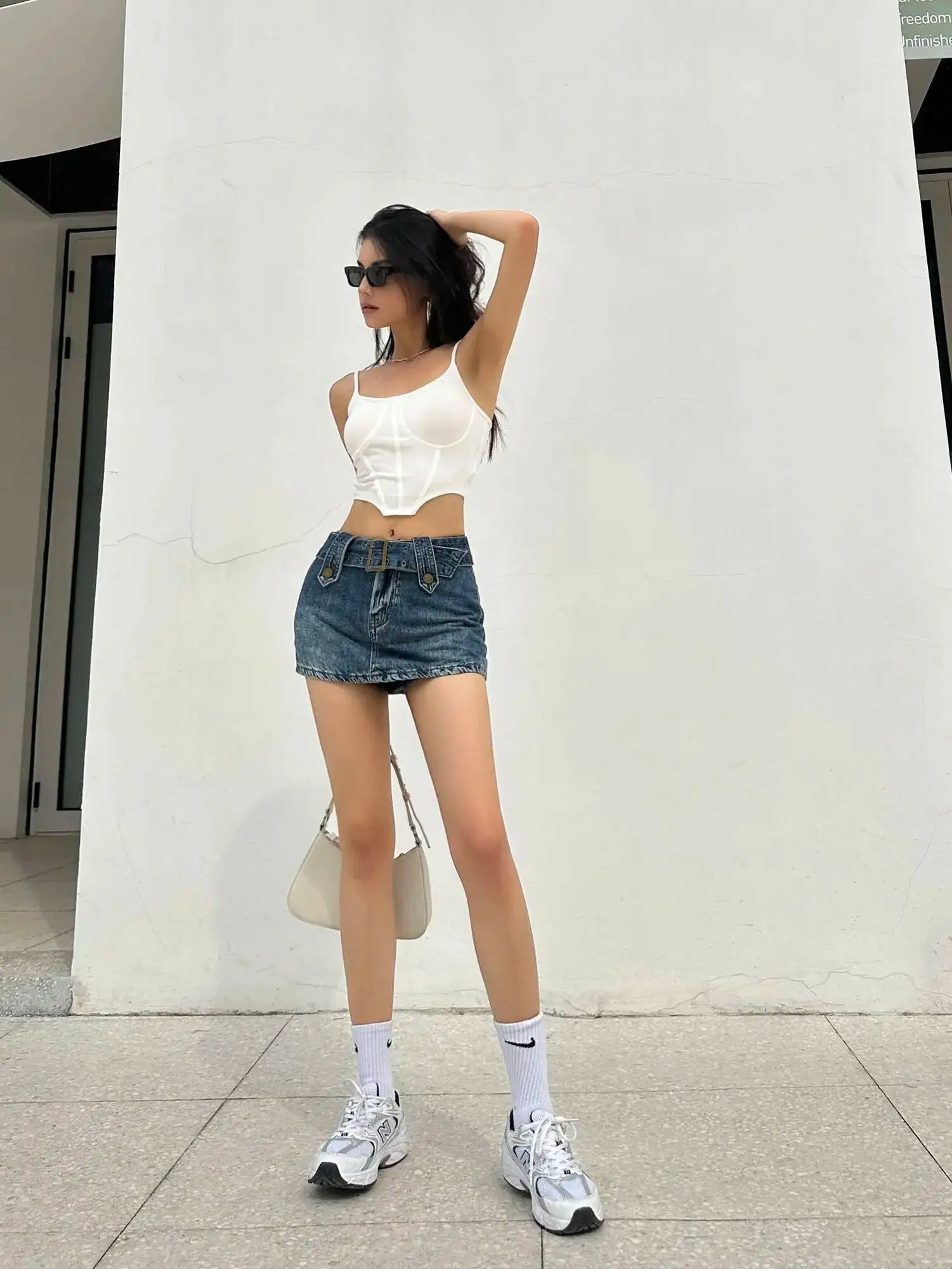 WOMENGAGA Korean Style Spicy Girl Denim Half Body Short Skirt Female Slim Tight Ultra Short A-line Slim Hip Skorts Fashion 3POJ