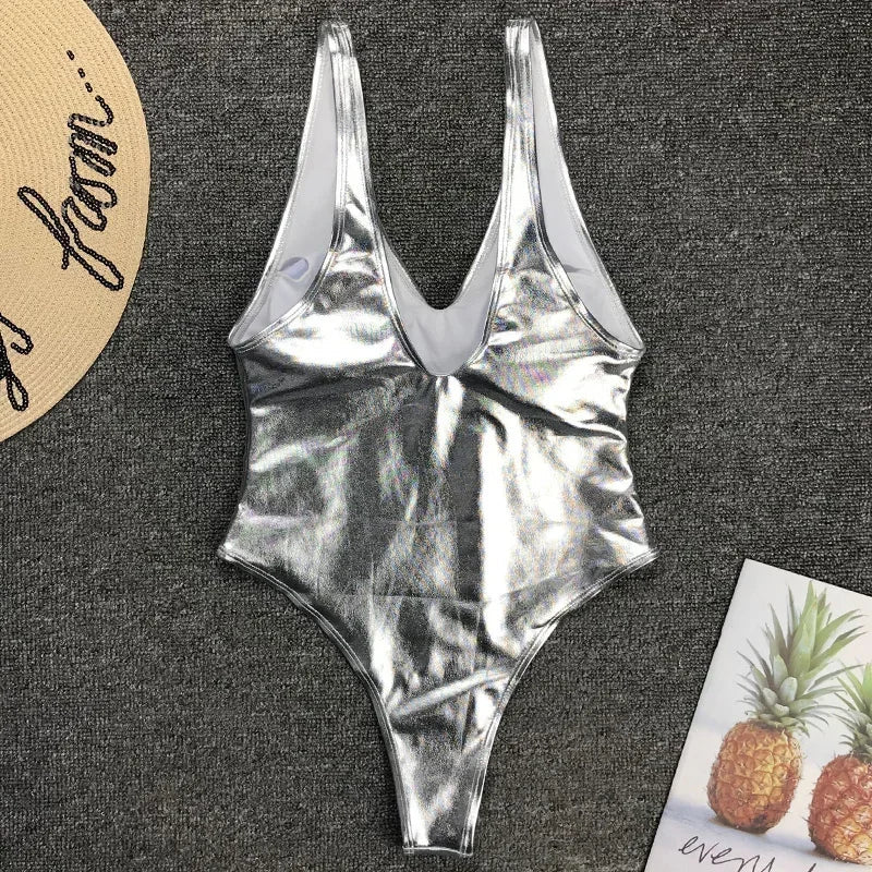 Shiny PU Faux Leather Women Swimwear One Piece Swimsuit Female Monokini High Cut Bikini Set Bathing Suit Swim Beachwear Bodysuit