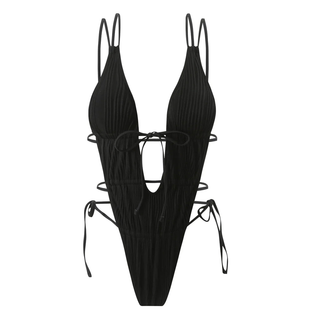 Deep V Neck Halter Wrinkled Female Swimwear One Piece Swimsuit Women Backless Monokini High Cut Bather Bathing Suit Swim Lady