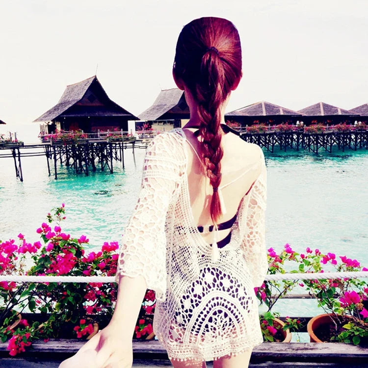 DEKA Crochet Swimwear Cover Up Women White Lace Tunic Beach Dress Clothing Backless Bathing Suit Bikini Swimming Beach Wear