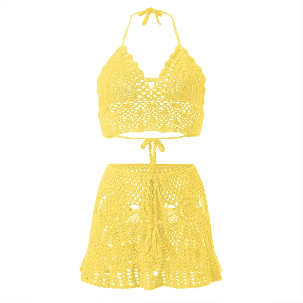 Bikinis Sets for Women Swimwear Crocheted Hollow Out Halter Crop Top Skirt 2 Piece Summer Bikini Beach Wear Swimsuit купальник