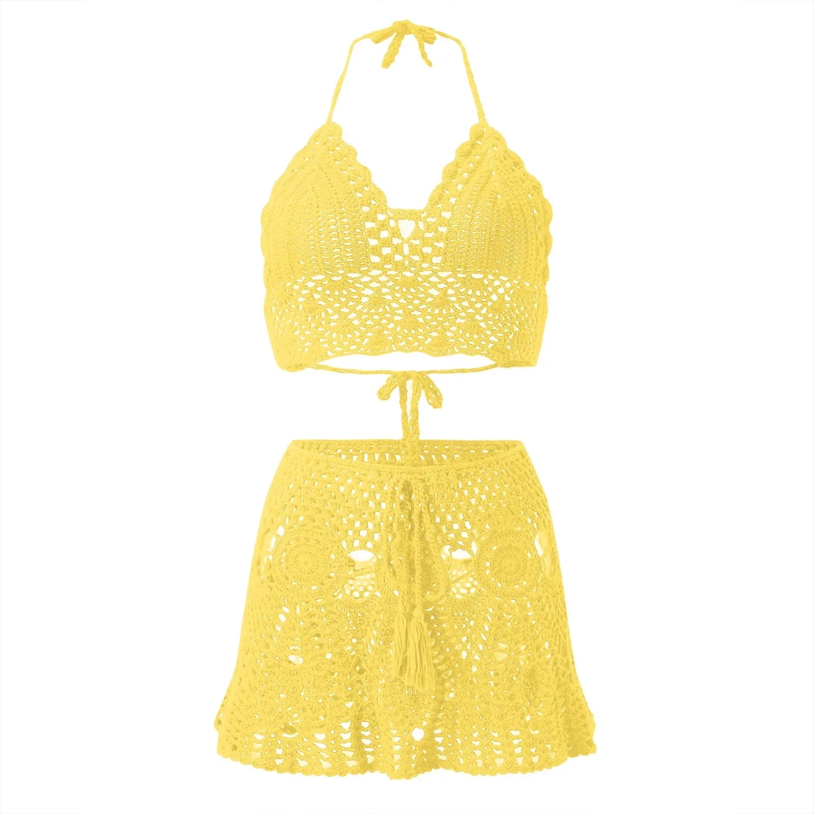 Bikinis Sets for Women Swimwear Crocheted Hollow Out Halter Crop Top Skirt 2 Piece Summer Bikini Beach Wear Swimsuit купальник