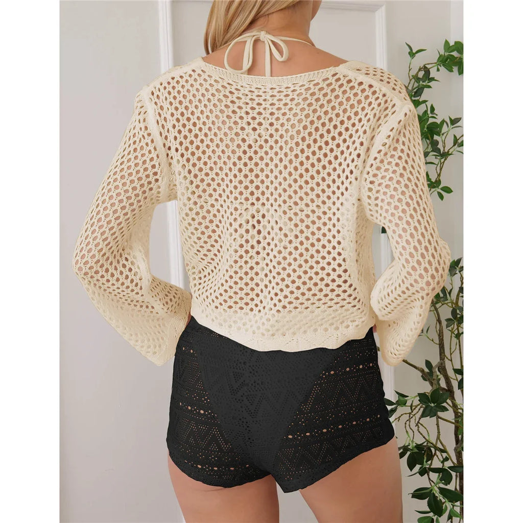 V Neck Long Sleeve Hollow Out Crochet Knitted Tunic Beach Dress Beach Wear Beachwear Beach Cover Up Cover-upsFemale Women V7192