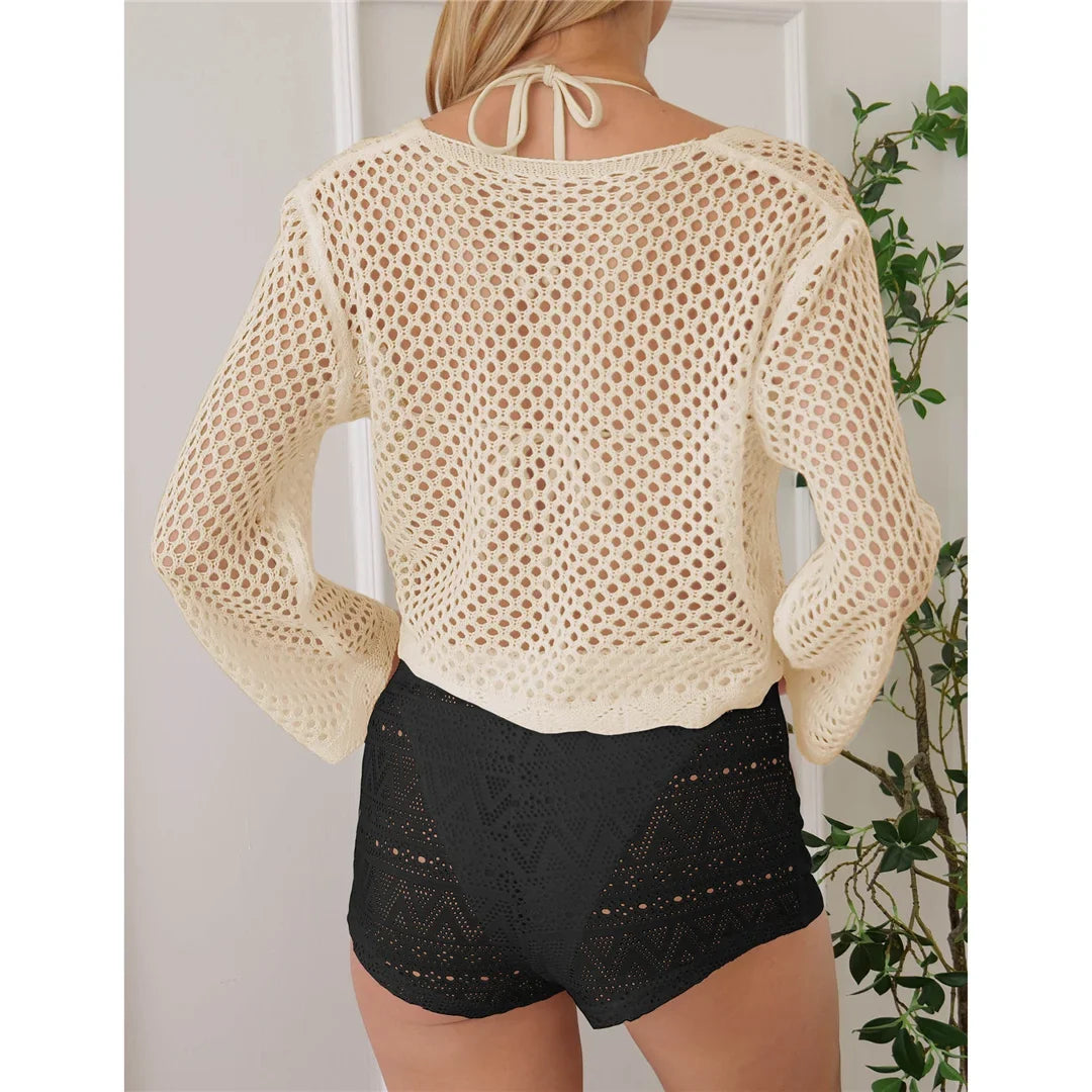 V Neck Long Sleeve Hollow Out Crochet Knitted Tunic Beach Dress Beach Wear Beachwear Beach Cover Up Cover-upsFemale Women V7192