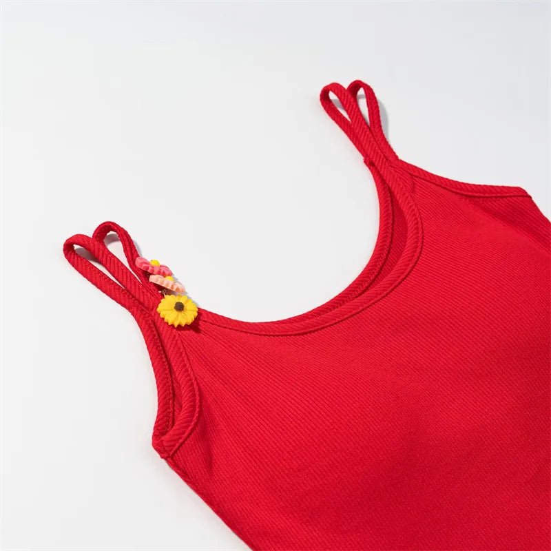 Fashion Solid Color Thin Strap Floral Chest Pad Women White Ribbed Top With Sleeveless Slim Fit Casual Summer Top Charming 3N4J