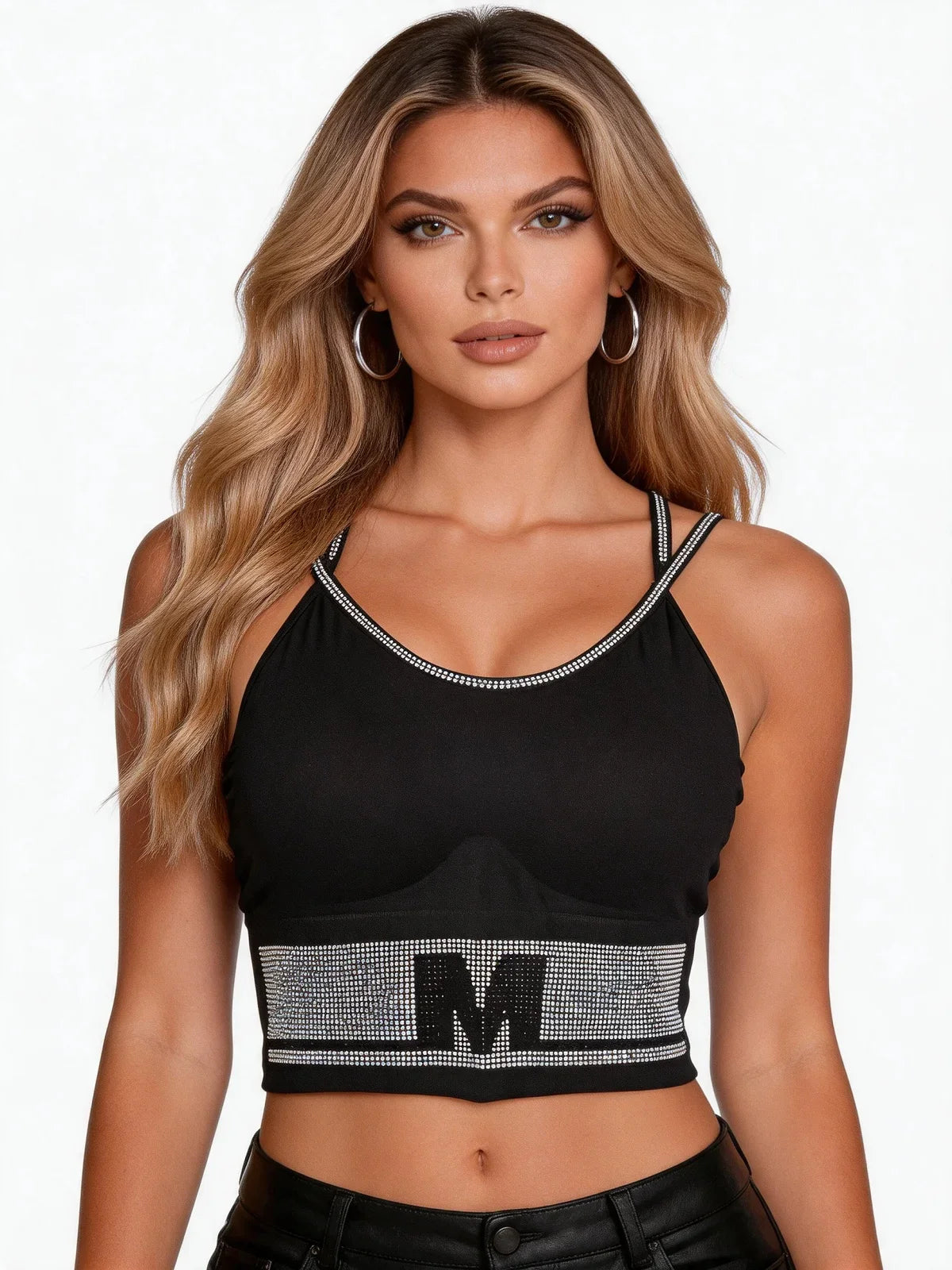 Black Rhinestone Camisole for Women Going Out Sequin Sparkly Top Double Adjustable Straps Clubbing Y2K Cute Tee