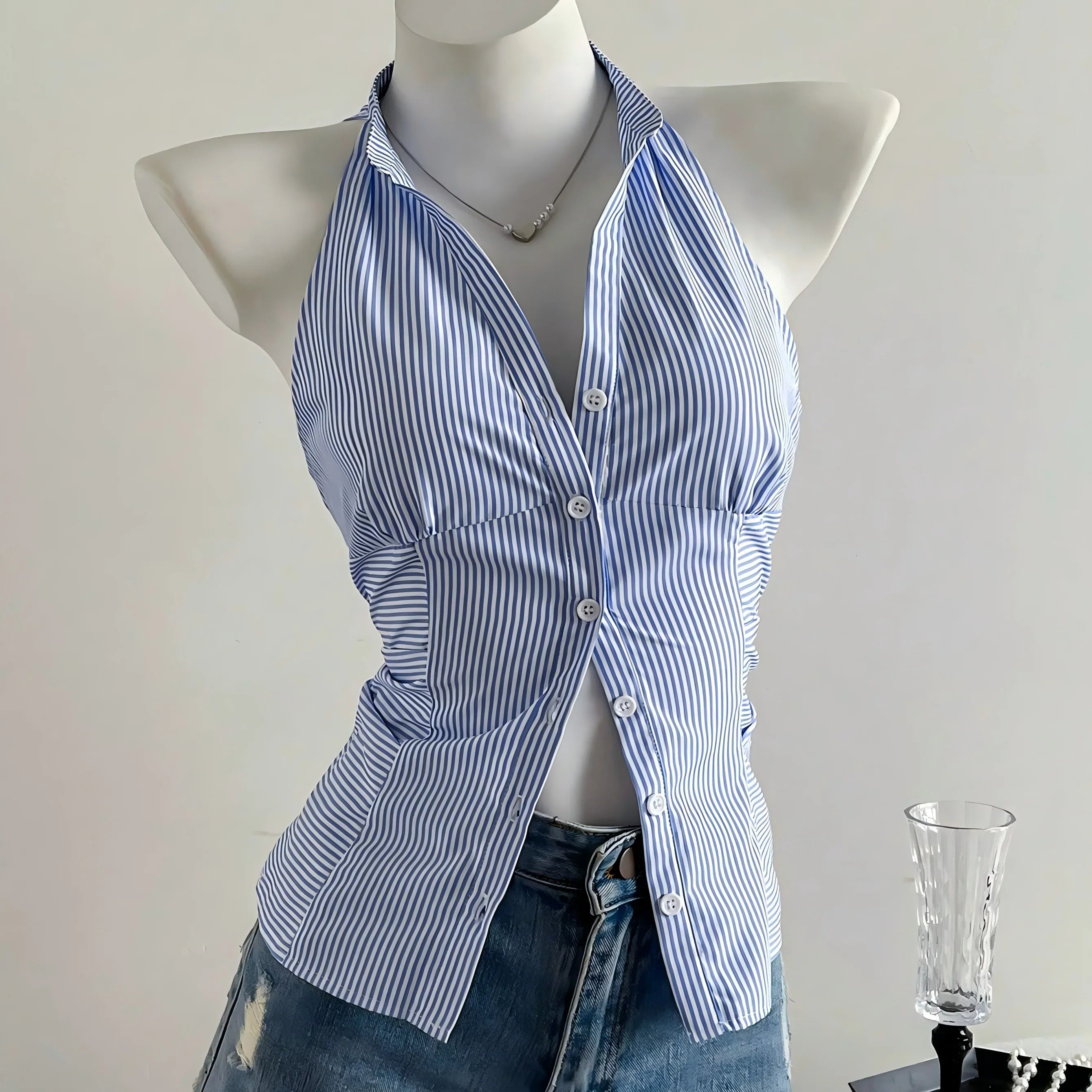 Summer Casual Shirt Women's Blue Striped Halter Top V Neck Button Down Sleeveless Slim Fit Blouse 2026 Y2K Style Streetwear