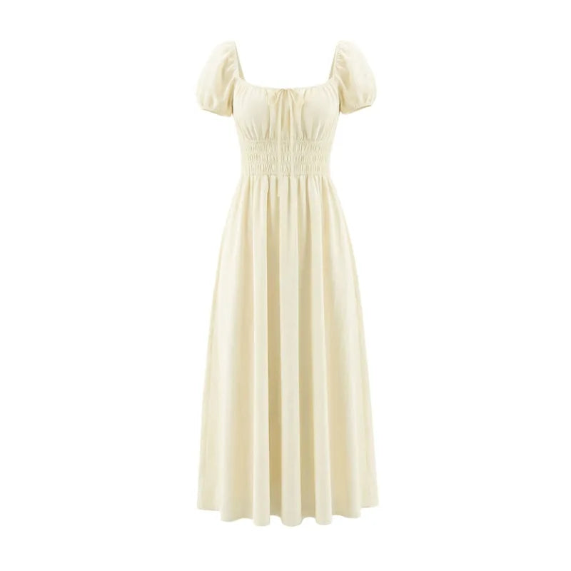 French Country-style Square-neck Dress With Puffed Sleeves Elasticated Waist And A Stylish Tie Design Perfect For Seaside TEW7