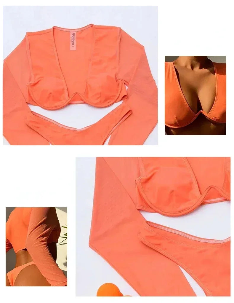 Two Piece Swimsuit Swimwear Women Sexy Bikini Push Up Long Sleeve Orange Bathing Suit Beachwear 2026 New Costumi Da Bagno Donna