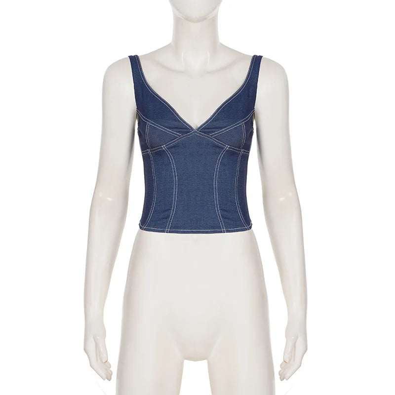 2026 Street style stretch imitation denim camisole V-neck slim fit versatile hot girl top