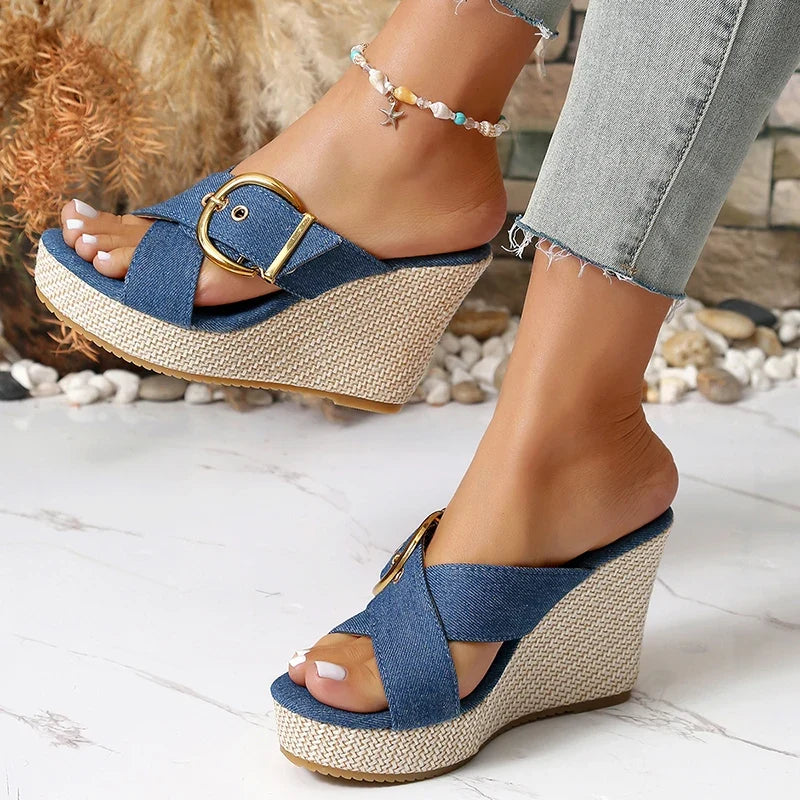 Denim Cross Stap Wedge Heeled Sandals Women Summer Peep Toe Chunky Heel Slippers Woman Plus Size 43 Slip On Platform Sandles