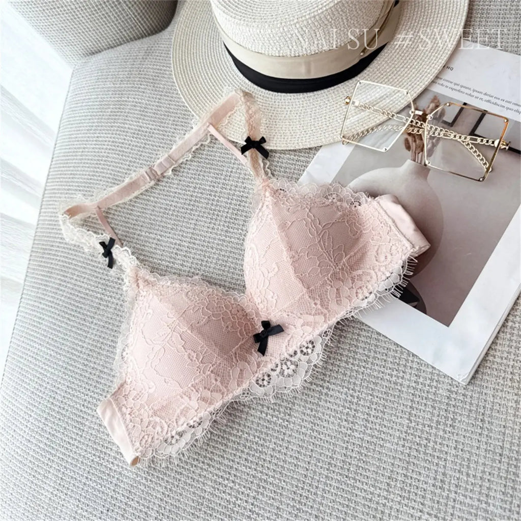 Deep V Halter Neck Bra Set French Style, Lace Push Up Bralette for Small Chest, Sexy Wireless Triangle Bra Set MOYISU Sexy Tushy