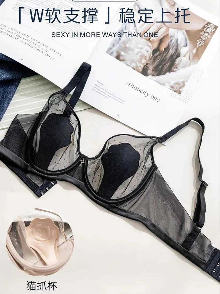 Parisian-Inspired Sheer Bralette Rabbit Cup Push-Up Bra Set Big Bust Support with Anti-Protrusion Padding Summer Thin Steel Ring