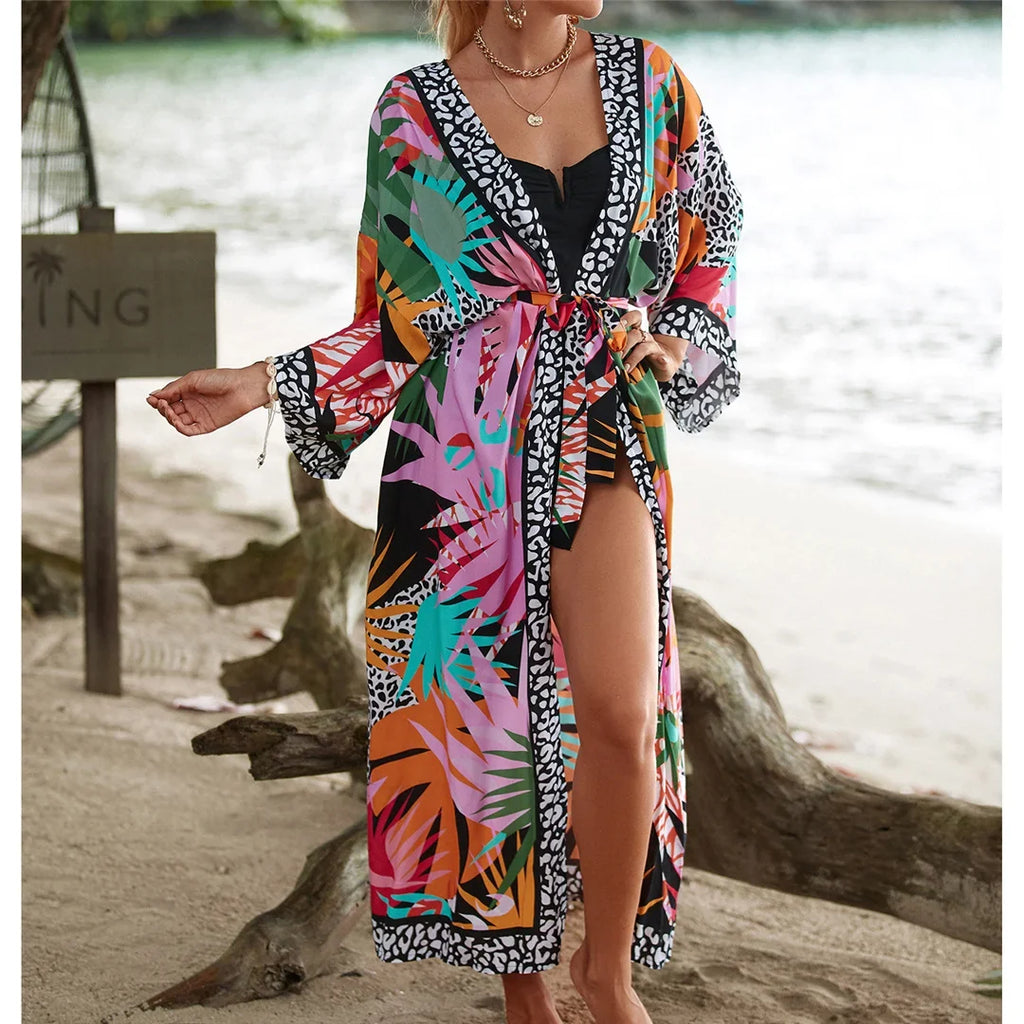 13 Colors Printed With Belt Crochet Knitted Tunic Beach Dress Beach Wear Beachwear Beach Cover Up Cover-upsFemale Women V7201
