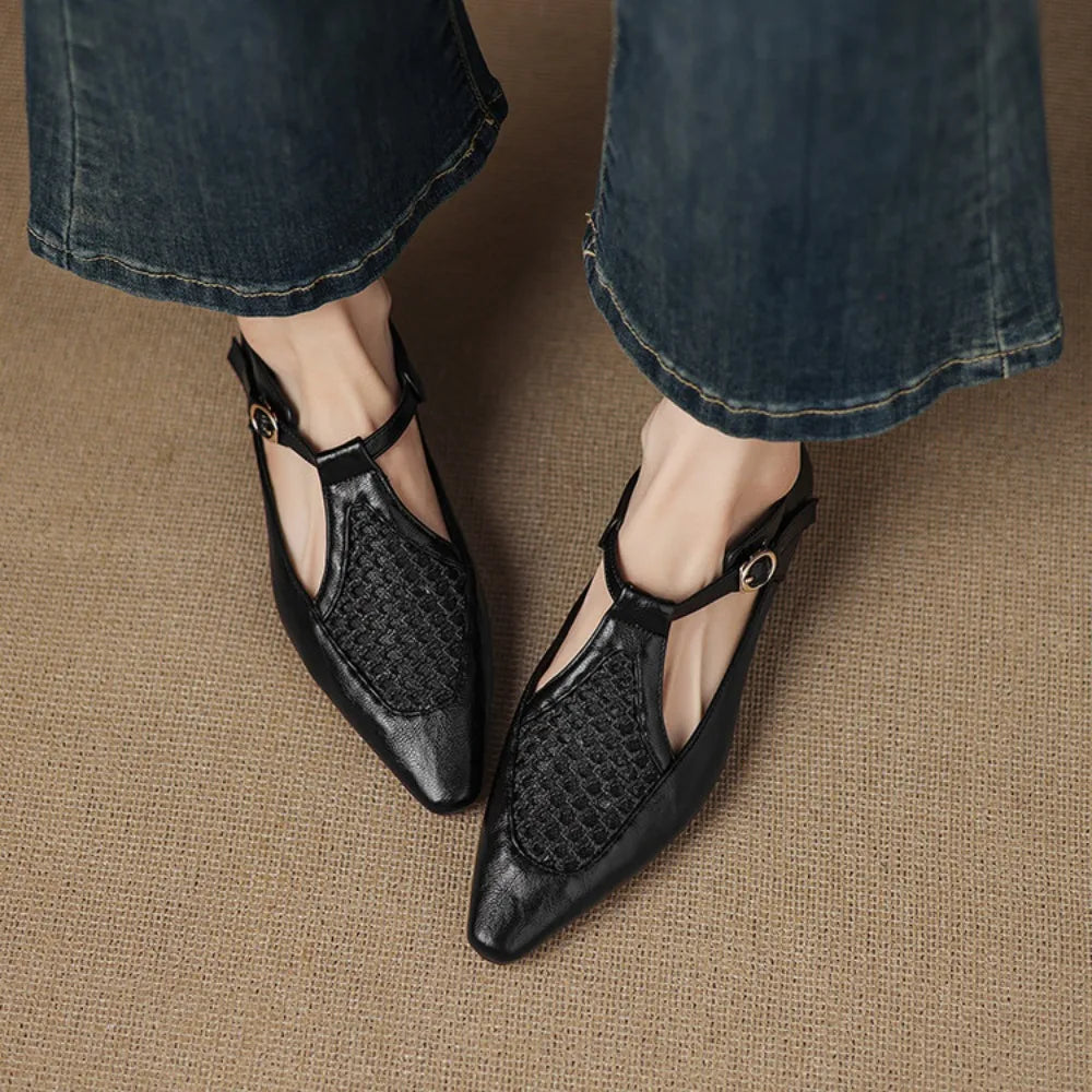 New Design Women T-Strap Sandals Square Toe Flats Buckle Breathable Mesh Casual Soft Leather Daily OL Shoes Plus Size 41 42 43