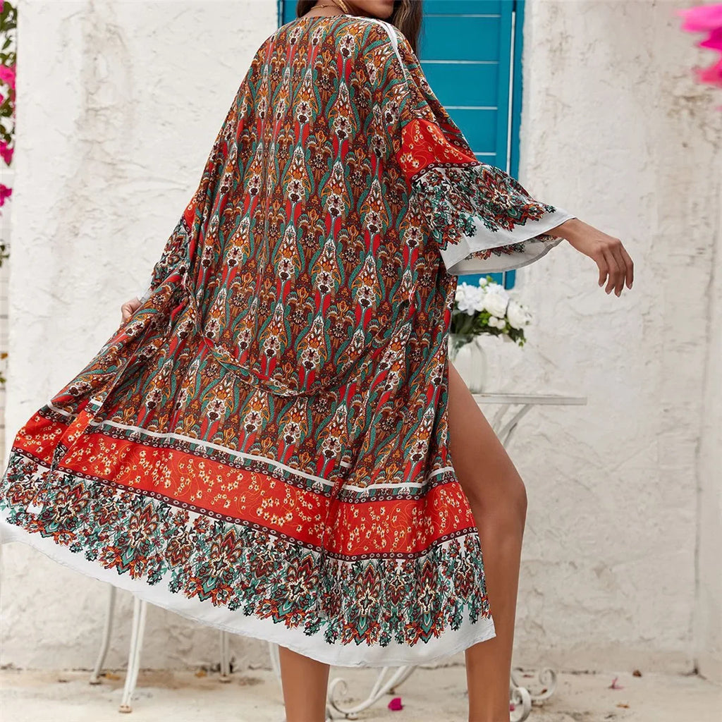 Printed Long Sleeve Crochet Knitted Cardigan Tunic Beach Cover Up Cover-ups Beach Dress Beach Wear Beachwear Female Women K7203