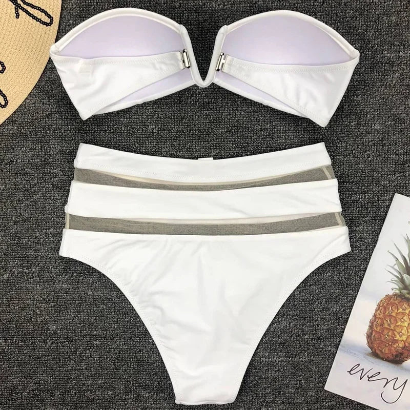 Sexy Bra Cup Bandeau Bikinis High Waist Bikini Women Swimsuit Female Swimwear Two-pieces Bikini Set Mesh Bathing Suit Swim Lady