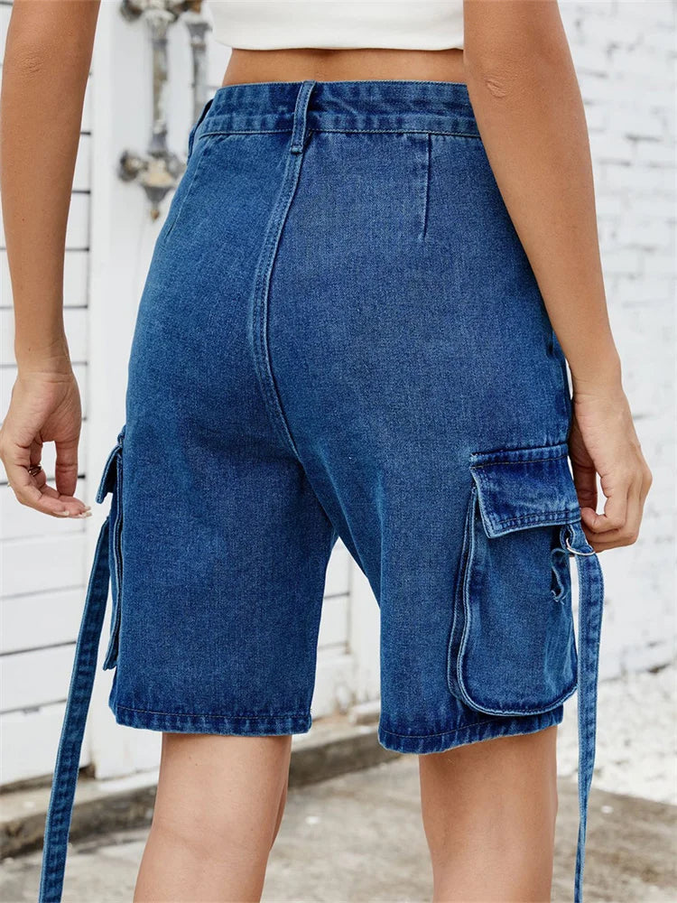 Women Cargo Denim Shorts Casual Summer Loose Solid Colors Jean Short Pants for Vacation Beach Club Streetwear