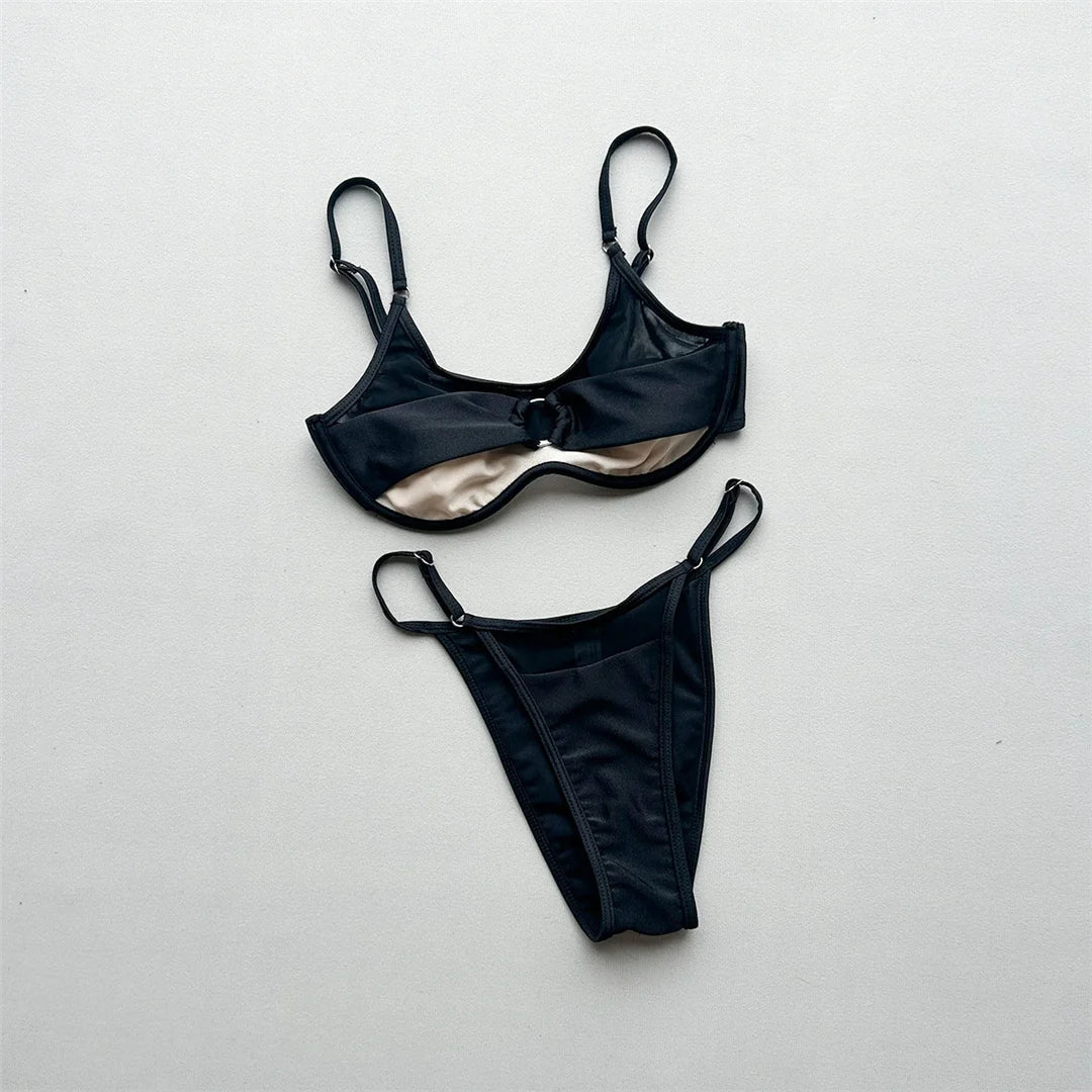 New Splicing Mesh Sheer Bikini Women Swimwear Female Swimsuit Two-Pieces Bikini Set High Leg Cut Bather Bathing Suit Swim V7742